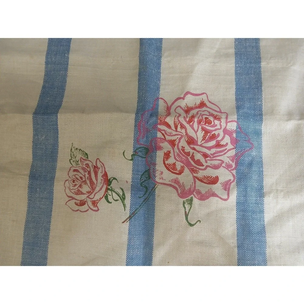 Pure Belgian Linen Tea‎ Towel Blue Striped Pink Rose Floral Farmhouse Kitchen